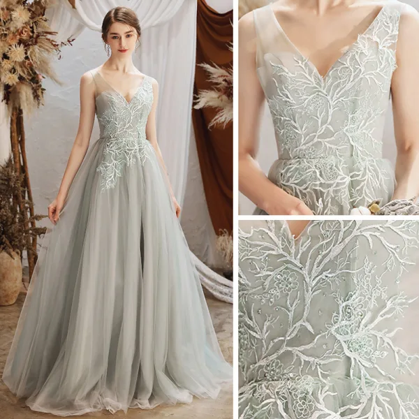 Élégant Gris Transparentes Robe De Soirée 2020 Princesse V-Cou Sans Manches Appliques En Dentelle Perlage Longue Volants Dos Nu Robe De Ceremonie