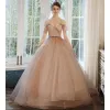 Elegant Pearl Pink Prom Dresses 2020 Ball Gown Off-The-Shoulder Short Sleeve Rhinestone Sash Glitter Tulle Chapel Train Ruffle Backless Formal Dresses