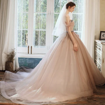 Elegant Pearl Pink Prom Dresses 2020 Ball Gown Off The Shoulder Short Sleeve Rhinestone Sash Glitter Tulle Chapel Train Ruffle Backless Formal Dresses