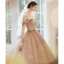 Elegant Pearl Pink Prom Dresses 2020 Ball Gown Off-The-Shoulder Short Sleeve Rhinestone Sash Glitter Tulle Chapel Train Ruffle Backless Formal Dresses