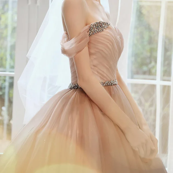 Elegant Pearl Pink Prom Dresses 2020 Ball Gown Off-The-Shoulder Short Sleeve Rhinestone Sash Glitter Tulle Chapel Train Ruffle Backless Formal Dresses