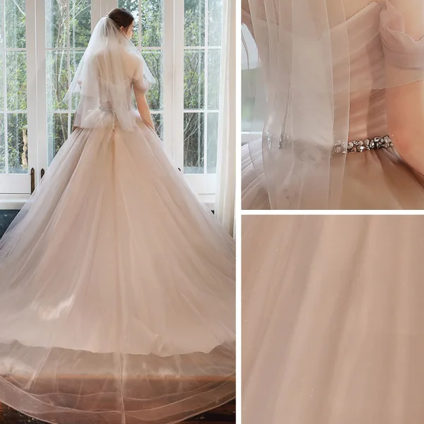 Elegant Pearl Pink Prom Dresses 2020 Ball Gown Off-The-Shoulder Short Sleeve Rhinestone Sash Glitter Tulle Chapel Train Ruffle Backless Formal Dresses