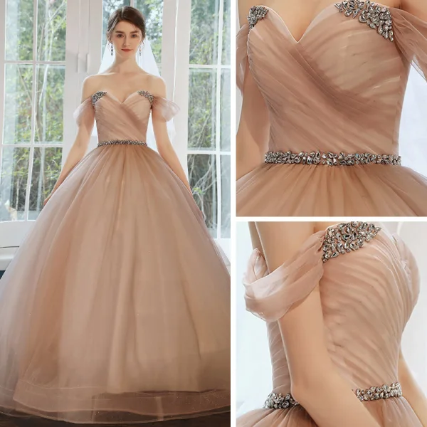 Elegant Pearl Pink Prom Dresses 2020 Ball Gown Off-The-Shoulder Short Sleeve Rhinestone Sash Glitter Tulle Chapel Train Ruffle Backless Formal Dresses