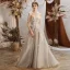 Charming Grey Evening Dresses  2020 A-Line / Princess See-through Scoop Neck Short Sleeve Appliques Lace Beading Sweep Train Ruffle Backless Formal Dresses