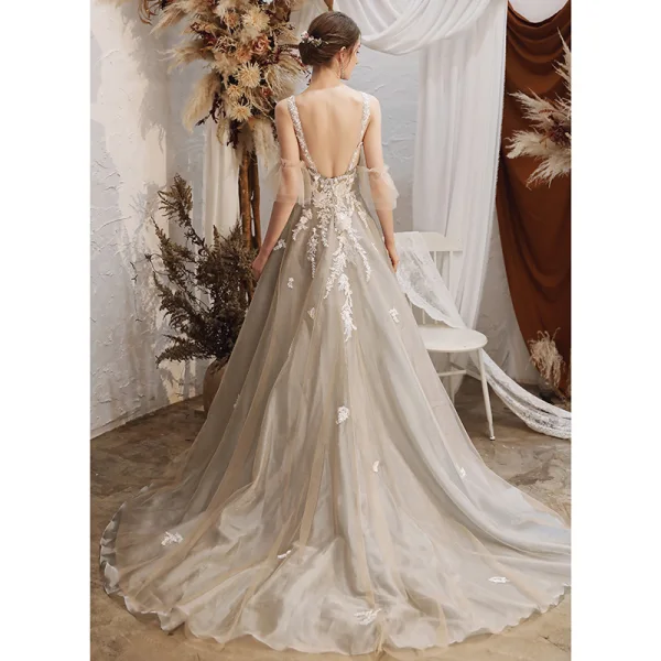 Charming Grey Evening Dresses  2020 A-Line / Princess See-through Scoop Neck Short Sleeve Appliques Lace Beading Sweep Train Ruffle Backless Formal Dresses