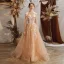 Charming Grey Evening Dresses  2020 A-Line / Princess See-through Scoop Neck Short Sleeve Appliques Lace Beading Sweep Train Ruffle Backless Formal Dresses