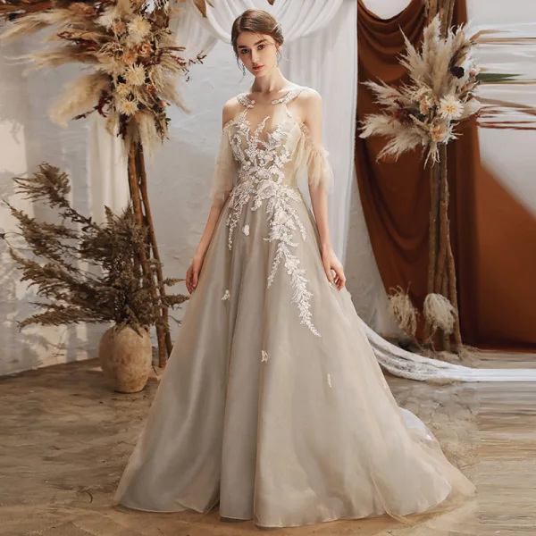 Charming Grey Evening Dresses  2020 A-Line / Princess See-through Scoop Neck Short Sleeve Appliques Lace Beading Sweep Train Ruffle Backless Formal Dresses