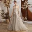 Charming Grey Evening Dresses  2020 A-Line / Princess See-through Scoop Neck Short Sleeve Appliques Lace Beading Sweep Train Ruffle Backless Formal Dresses
