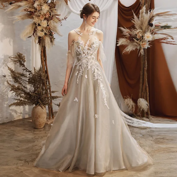 Charming Grey Evening Dresses  2020 A-Line / Princess See-through Scoop Neck Short Sleeve Appliques Lace Beading Sweep Train Ruffle Backless Formal Dresses