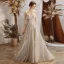 Charming Grey Evening Dresses  2020 A-Line / Princess See-through Scoop Neck Short Sleeve Appliques Lace Beading Sweep Train Ruffle Backless Formal Dresses