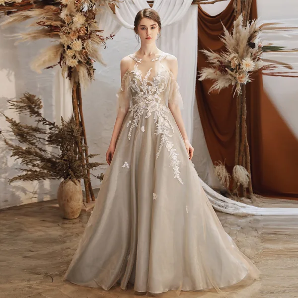 Charming Grey Evening Dresses  2020 A-Line / Princess See-through Scoop Neck Short Sleeve Appliques Lace Beading Sweep Train Ruffle Backless Formal Dresses