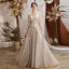 Charming Grey Evening Dresses  2020 A-Line / Princess See-through Scoop Neck Short Sleeve Appliques Lace Beading Sweep Train Ruffle Backless Formal Dresses