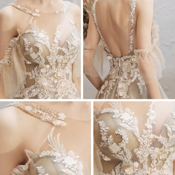 Charming Grey Evening Dresses  2020 A-Line / Princess See-through Scoop Neck Short Sleeve Appliques Lace Beading Sweep Train Ruffle Backless Formal Dresses
