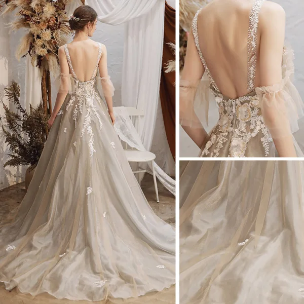 Charming Grey Evening Dresses  2020 A-Line / Princess See-through Scoop Neck Short Sleeve Appliques Lace Beading Sweep Train Ruffle Backless Formal Dresses