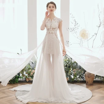 Illusion Ivory Chiffon Summer Bridal Wedding Dresses 2020 A Line Princess Scoop Neck Sleeveless Appliques Lace Beading Court Train Ruffle