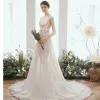 Illusion Ivory Chiffon Summer Bridal Wedding Dresses 2020 A-Line / Princess Scoop Neck Sleeveless Appliques Lace Beading Court Train Ruffle