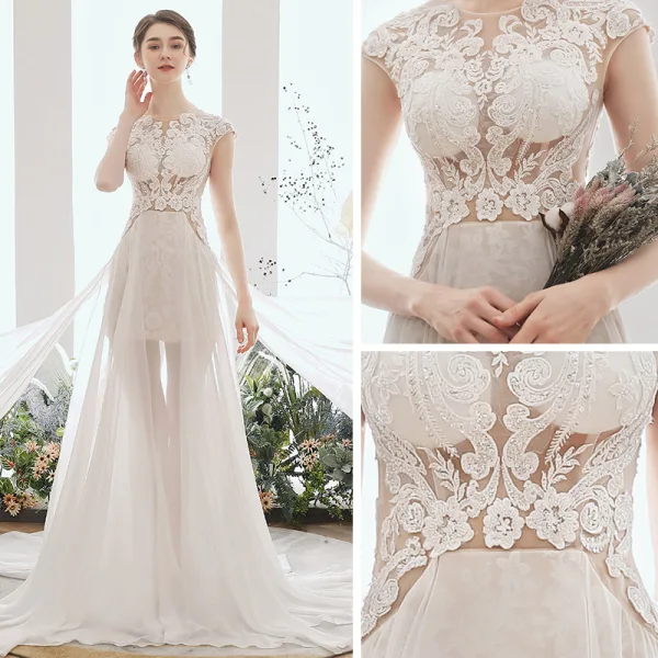 Illusion Ivoire Chiffon Été La Mariée Robe De Mariée 2020 Princesse Encolure Dégagée Sans Manches Appliques En Dentelle Perlage Tribunal Train Volants