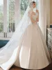 Modest / Simple White Satin Corset Wedding Dresses 2020 Ball Gown Sweetheart Sleeveless Court Train Ruffle