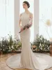 Elegant Ivory Evening Dresses  2020 Trumpet / Mermaid Pearl Halter Short Sleeve Sweep Train Ruffle Backless Formal Dresses