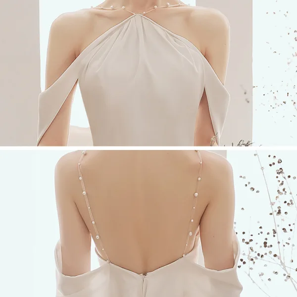 Elegant Ivory Evening Dresses  2020 Trumpet / Mermaid Pearl Halter Short Sleeve Sweep Train Ruffle Backless Formal Dresses