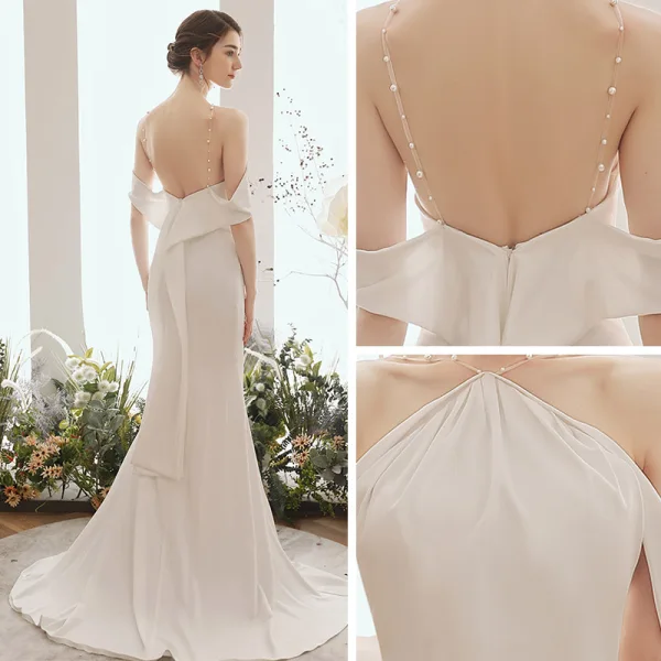 Elegant Ivory Evening Dresses  2020 Trumpet / Mermaid Pearl Halter Short Sleeve Sweep Train Ruffle Backless Formal Dresses