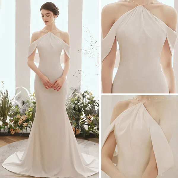Elegant Ivory Evening Dresses  2020 Trumpet / Mermaid Pearl Halter Short Sleeve Sweep Train Ruffle Backless Formal Dresses