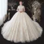 Vintage / Originale Champagne Grande Taille Robe De Mariée 2020 Transparentes Col Haut Manches Courtes Dos Nu Perlage Gland Appliques En Dentelle Paillettes Cathedral Train Volants
