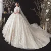 Vintage / Retro Champagne Plus Size Wedding Dresses 2020 See-through High Neck Short Sleeve Backless Beading Tassel Appliques Lace Sequins Cathedral Train Ruffle
