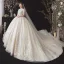 Vintage / Originale Champagne Grande Taille Robe De Mariée 2020 Transparentes Col Haut Manches Courtes Dos Nu Perlage Gland Appliques En Dentelle Paillettes Cathedral Train Volants