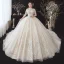Vintage / Originale Champagne Grande Taille Robe De Mariée 2020 Transparentes Col Haut Manches Courtes Dos Nu Perlage Gland Appliques En Dentelle Paillettes Cathedral Train Volants