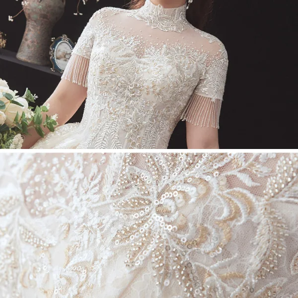 Vintage / Originale Champagne Grande Taille Robe De Mariée 2020 Transparentes Col Haut Manches Courtes Dos Nu Perlage Gland Appliques En Dentelle Paillettes Cathedral Train Volants