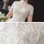 Vintage / Originale Champagne Grande Taille Robe De Mariée 2020 Transparentes Col Haut Manches Courtes Dos Nu Perlage Gland Appliques En Dentelle Paillettes Cathedral Train Volants