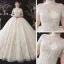 Vintage / Originale Champagne Grande Taille Robe De Mariée 2020 Transparentes Col Haut Manches Courtes Dos Nu Perlage Gland Appliques En Dentelle Paillettes Cathedral Train Volants