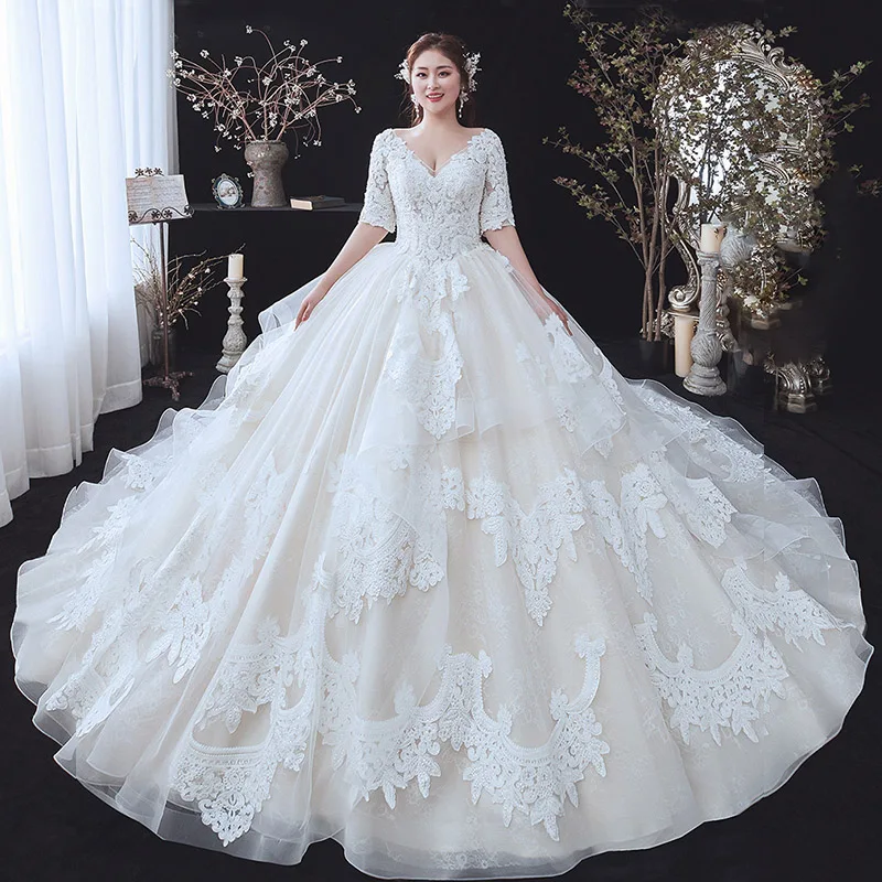 sachin and babi light blue dress Champagne Wedding Dress Plus Size Beach V Neck Long Sleeves Lace Bridal  Gowns
