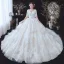Chic / Belle Champagne Grande Taille Robe De Mariée 2020 Robe Boule V-Cou 1/2 Manches Dos Nu Appliques En Dentelle Perlage Cathedral Train Volants