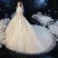 Schöne Champagner Hochzeits Brautkleider / Hochzeitskleider 2020 Ballkleid Off Shoulder Spaghettiträger Kurze Ärmel Rückenfreies Applikationen Spitze Perlenstickerei Glanz Tülle Kathedrale Schleppe Rüschen