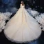 Schöne Champagner Hochzeits Brautkleider / Hochzeitskleider 2020 Ballkleid Off Shoulder Spaghettiträger Kurze Ärmel Rückenfreies Applikationen Spitze Perlenstickerei Glanz Tülle Kathedrale Schleppe Rüschen
