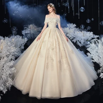 Chic Beautiful Champagne Bridal Wedding Dresses 2020 Ball Gown Off The Shoulder Spaghetti Straps Short Sleeve Backless Appliques Lace Beading Glitter Tulle Cathedral Train Ruffle