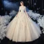 Schöne Champagner Hochzeits Brautkleider / Hochzeitskleider 2020 Ballkleid Off Shoulder Spaghettiträger Kurze Ärmel Rückenfreies Applikationen Spitze Perlenstickerei Glanz Tülle Kathedrale Schleppe Rüschen