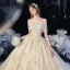 Schöne Champagner Hochzeits Brautkleider / Hochzeitskleider 2020 Ballkleid Off Shoulder Spaghettiträger Kurze Ärmel Rückenfreies Applikationen Spitze Perlenstickerei Glanz Tülle Kathedrale Schleppe Rüschen