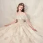 Schöne Champagner Hochzeits Brautkleider / Hochzeitskleider 2020 Ballkleid Off Shoulder Spaghettiträger Kurze Ärmel Rückenfreies Applikationen Spitze Perlenstickerei Glanz Tülle Kathedrale Schleppe Rüschen