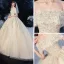 Schöne Champagner Hochzeits Brautkleider / Hochzeitskleider 2020 Ballkleid Off Shoulder Spaghettiträger Kurze Ärmel Rückenfreies Applikationen Spitze Perlenstickerei Glanz Tülle Kathedrale Schleppe Rüschen
