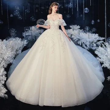 Chic Beautiful Champagne Bridal Wedding Dresses 2020 Ball Gown Off The Shoulder Short Sleeve Sleeveless Backless Appliques Lace Beading Sequins Glitter Tulle Cathedral Train Ruffle