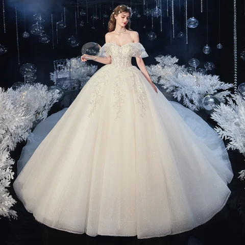 Schöne Champagner Hochzeits Brautkleider / Hochzeitskleider 2020 Ballkleid Off Shoulder Kurze Ärmel Ärmellos Rückenfreies Applikationen Spitze Perlenstickerei Pailletten Glanz Tülle Kathedrale Schleppe Rüschen