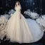Chic / Belle Champagne La Mariée Robe De Mariée 2020 Robe Boule De l'épaule Manches Courtes Dos Nu Appliques Feuille Perlage Glitter Tulle Cathedral Train Volants