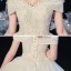 Chic / Belle Champagne La Mariée Robe De Mariée 2020 Robe Boule De l'épaule Manches Courtes Dos Nu Appliques Feuille Perlage Glitter Tulle Cathedral Train Volants