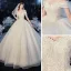 Chic / Belle Champagne La Mariée Robe De Mariée 2020 Robe Boule De l'épaule Manches Courtes Dos Nu Appliques Feuille Perlage Glitter Tulle Cathedral Train Volants