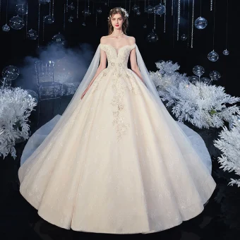 Chic Belle Champagne La Mariée Robe De Mariée 2020 Robe Boule De L 039 Épaule Manches Courtes Dos Nu Appliques En Dentelle Fleur Paillettes Perlage Cathedral Train Volants