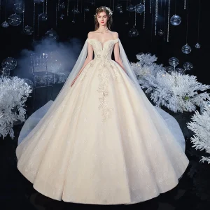 Chic Beautiful Champagne Bridal Wedding Dresses 2020 Ball Gown Off The Shoulder Short Sleeve Backless Appliques Lace Flower Sequins Beading Cathedral Train Ruffle