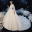 Chic / Belle Champagne La Mariée Robe De Mariée 2020 Robe Boule De l'épaule Manches Courtes Dos Nu Appliques En Dentelle Fleur Paillettes Perlage Cathedral Train Volants